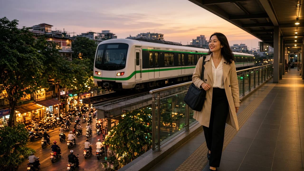 Tàu Green Line trên cao lúc hoàng hôn